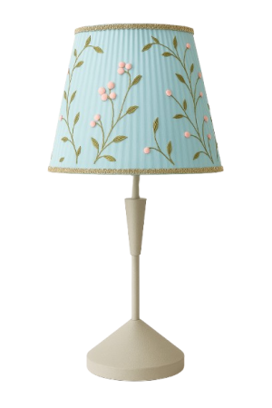 מנורת שולחן לבנה עם אהיל פרחוני כחול