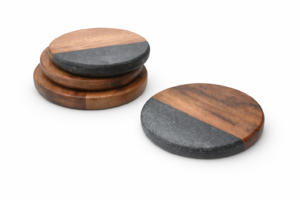 סט תחתיות שיש עגולות שחור משולב עץ