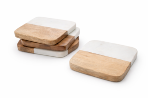 סט תחתיות שיש מרובעות לבן משולב עץ