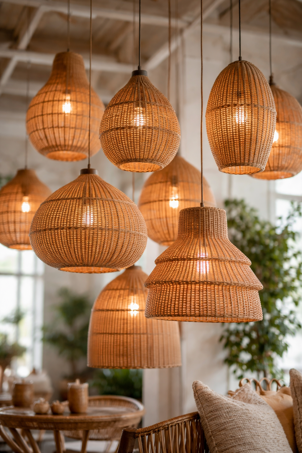 מנורות קש מראטן תלויות בעיצוב טבעי עם תאורה חמימה לחלל הבית – זוהר האוס