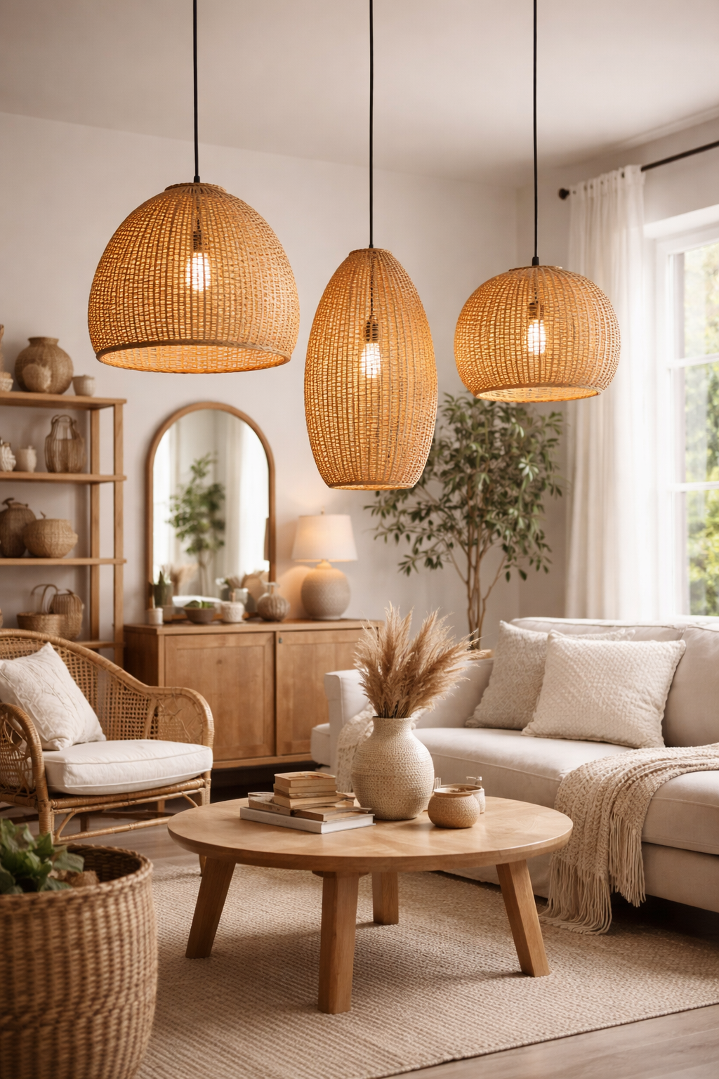 מנורות קש מראטן תלויות בסלון בעיצוב טבעי עם תאורה חמימה ואווירה ביתית – זוהר האוס